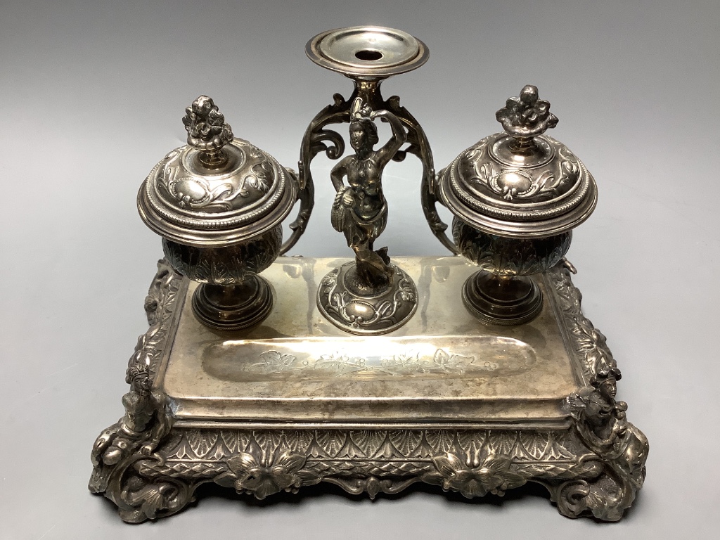 A 19th century South American? white metal inkstand, width 24cm